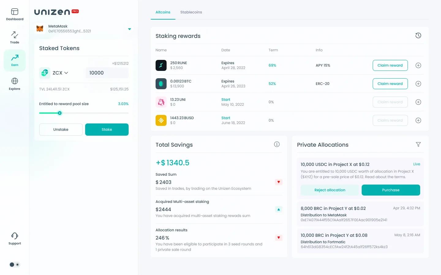 Unizen Pro earn and staking dashboard